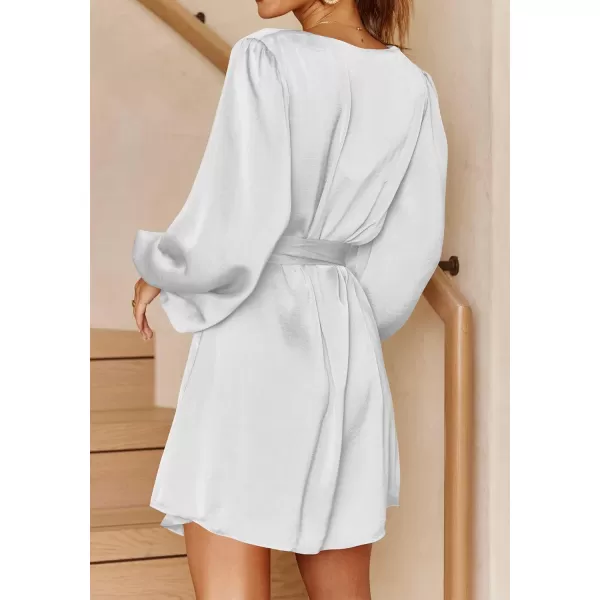 imagePRETTYGARDEN Womens Long Puff Sleeve Satin V Neck Cocktail Party Belted Short Formal DressesWhite