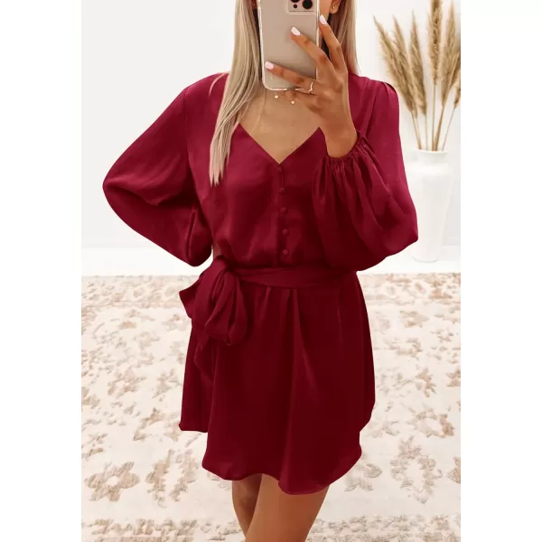 imagePRETTYGARDEN Womens Long Puff Sleeve Satin V Neck Cocktail Party Belted Short Formal DressesWine Red