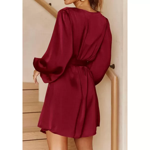 imagePRETTYGARDEN Womens Long Puff Sleeve Satin V Neck Cocktail Party Belted Short Formal DressesWine Red