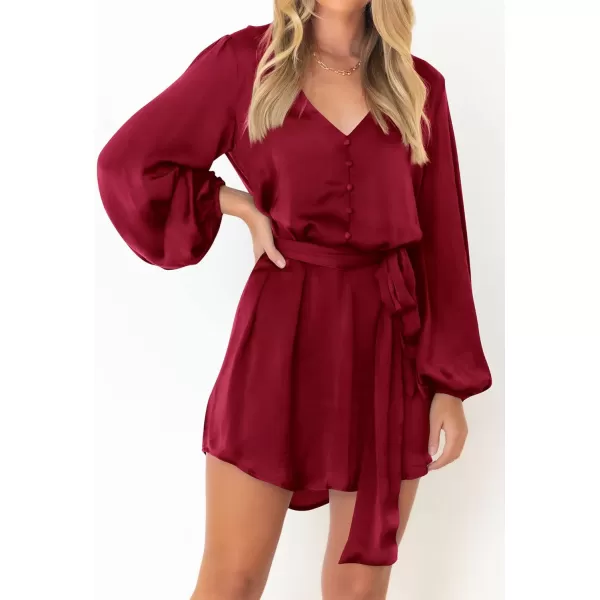 imagePRETTYGARDEN Womens Long Puff Sleeve Satin V Neck Cocktail Party Belted Short Formal DressesWine Red