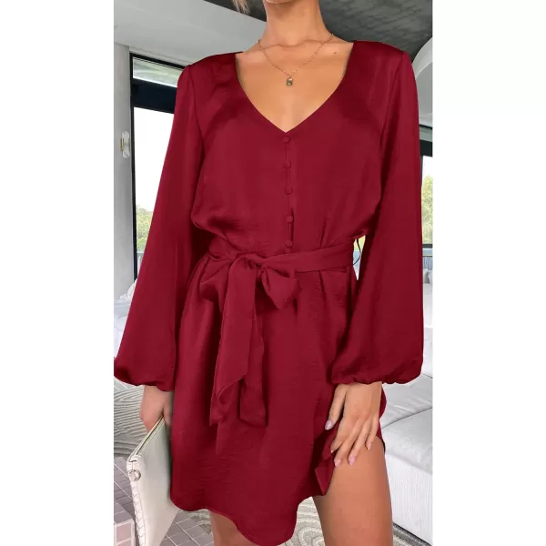 imagePRETTYGARDEN Womens Long Puff Sleeve Satin V Neck Cocktail Party Belted Short Formal DressesWine Red