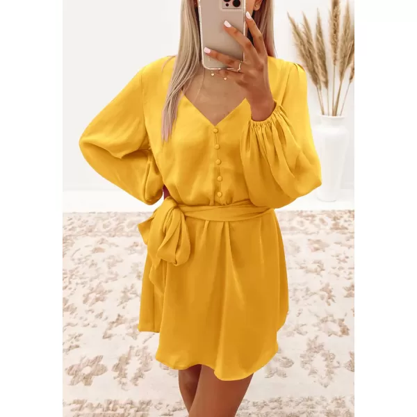 imagePRETTYGARDEN Womens Long Puff Sleeve Satin V Neck Cocktail Party Belted Short Formal DressesYellow