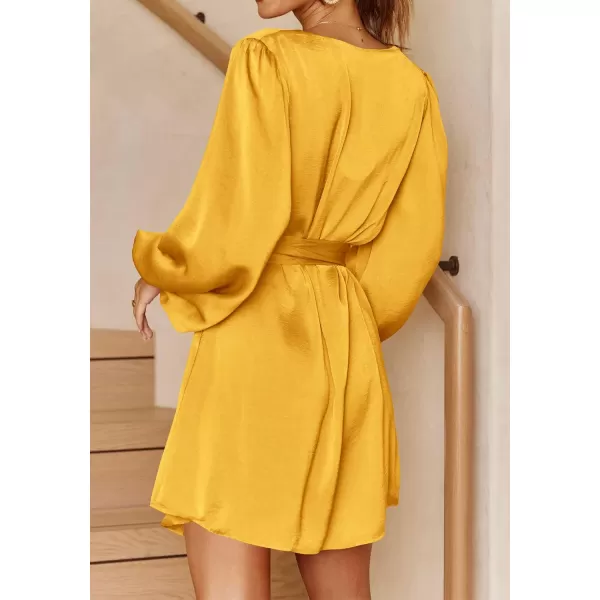 imagePRETTYGARDEN Womens Long Puff Sleeve Satin V Neck Cocktail Party Belted Short Formal DressesYellow