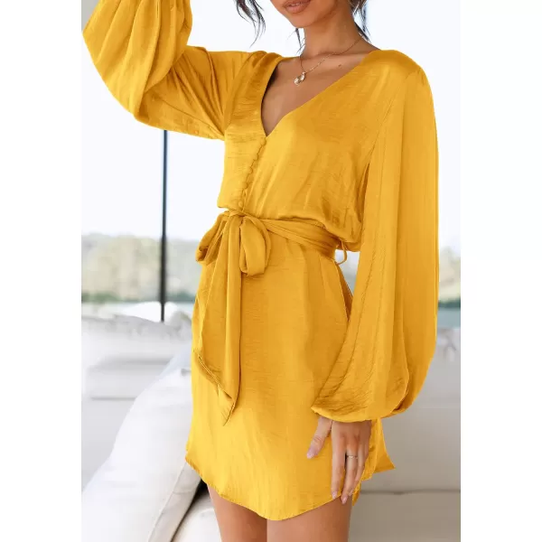 imagePRETTYGARDEN Womens Long Puff Sleeve Satin V Neck Cocktail Party Belted Short Formal DressesYellow