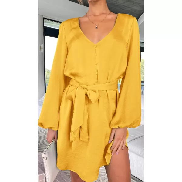 imagePRETTYGARDEN Womens Long Puff Sleeve Satin V Neck Cocktail Party Belted Short Formal DressesYellow