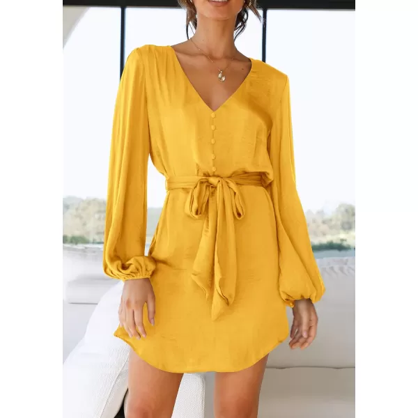 imagePRETTYGARDEN Womens Long Puff Sleeve Satin V Neck Cocktail Party Belted Short Formal DressesYellow