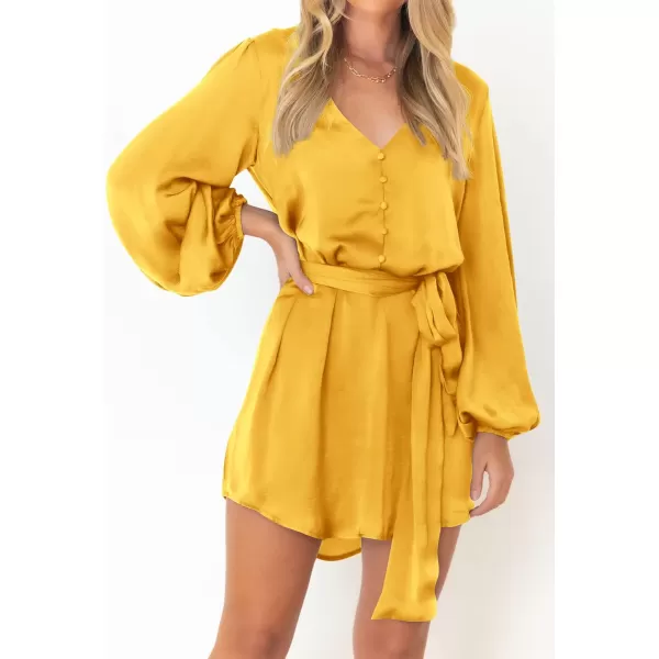 imagePRETTYGARDEN Womens Long Puff Sleeve Satin V Neck Cocktail Party Belted Short Formal DressesYellow