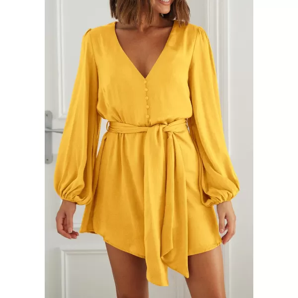imagePRETTYGARDEN Womens Long Puff Sleeve Satin V Neck Cocktail Party Belted Short Formal DressesYellow