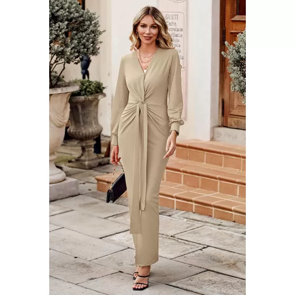 imagePRETTYGARDEN Womens Long Sleeve Maxi Bodycon Dresses V Neck Twist Front Ruched Cocktail Evening Dress with SlitApricot