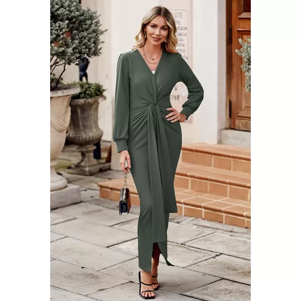 imagePRETTYGARDEN Womens Long Sleeve Maxi Bodycon Dresses V Neck Twist Front Ruched Cocktail Evening Dress with SlitArmy Green