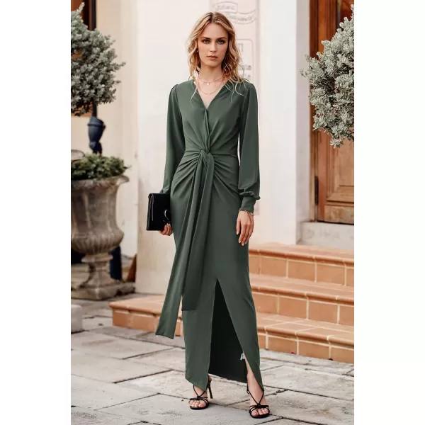 imagePRETTYGARDEN Womens Long Sleeve Maxi Bodycon Dresses V Neck Twist Front Ruched Cocktail Evening Dress with SlitArmy Green