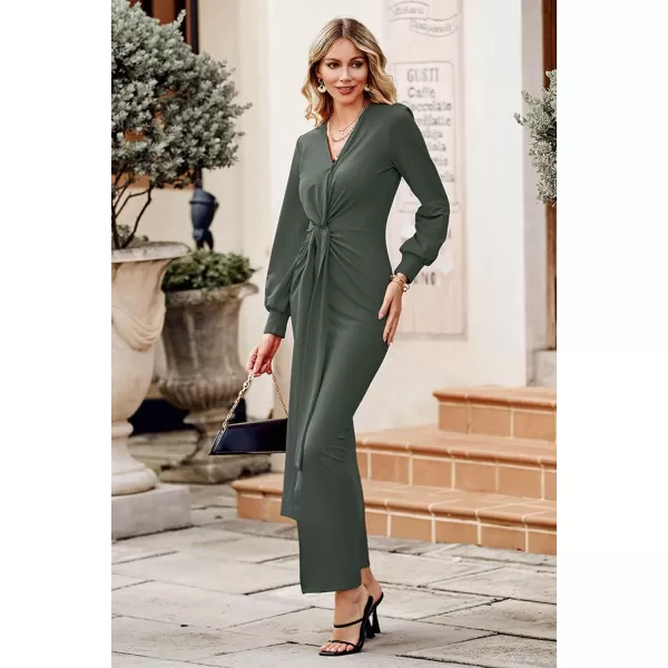 imagePRETTYGARDEN Womens Long Sleeve Maxi Bodycon Dresses V Neck Twist Front Ruched Cocktail Evening Dress with SlitArmy Green