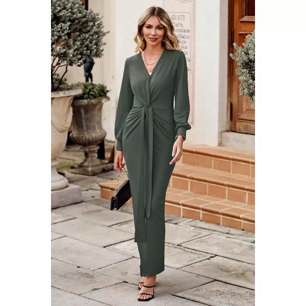 imagePRETTYGARDEN Womens Long Sleeve Maxi Bodycon Dresses V Neck Twist Front Ruched Cocktail Evening Dress with SlitArmy Green