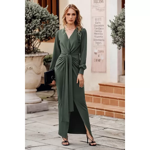imagePRETTYGARDEN Womens Long Sleeve Maxi Bodycon Dresses V Neck Twist Front Ruched Cocktail Evening Dress with SlitArmy Green