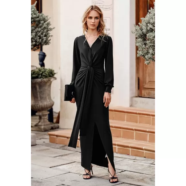 imagePRETTYGARDEN Womens Long Sleeve Maxi Bodycon Dresses V Neck Twist Front Ruched Cocktail Evening Dress with SlitBlack