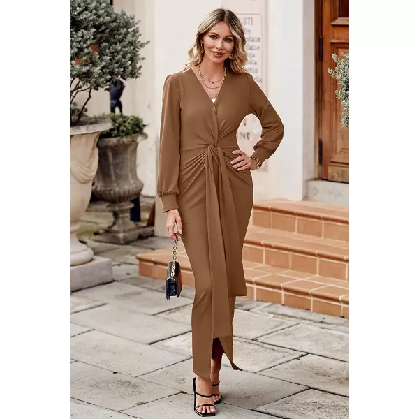 imagePRETTYGARDEN Womens Long Sleeve Maxi Bodycon Dresses V Neck Twist Front Ruched Cocktail Evening Dress with SlitBrown
