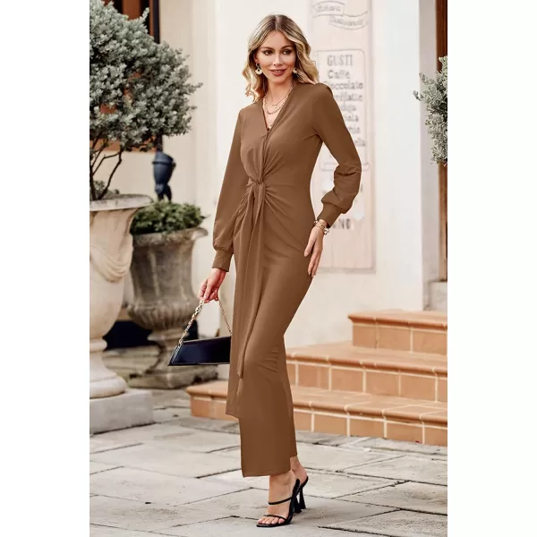 imagePRETTYGARDEN Womens Long Sleeve Maxi Bodycon Dresses V Neck Twist Front Ruched Cocktail Evening Dress with SlitBrown