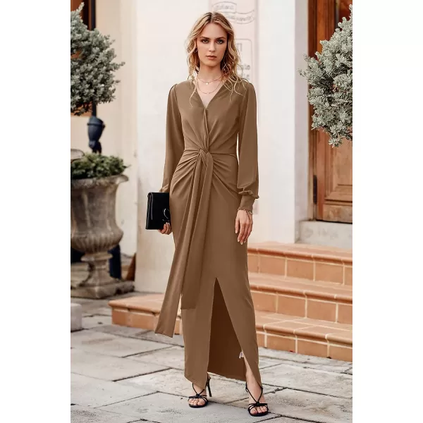 imagePRETTYGARDEN Womens Long Sleeve Maxi Bodycon Dresses V Neck Twist Front Ruched Cocktail Evening Dress with SlitBrown