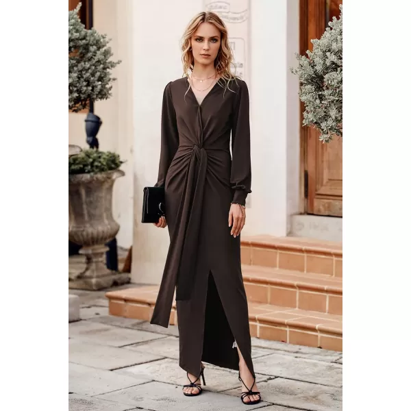 imagePRETTYGARDEN Womens Long Sleeve Maxi Bodycon Dresses V Neck Twist Front Ruched Cocktail Evening Dress with SlitCoffee