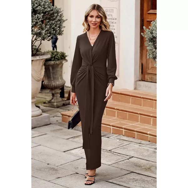 imagePRETTYGARDEN Womens Long Sleeve Maxi Bodycon Dresses V Neck Twist Front Ruched Cocktail Evening Dress with SlitCoffee
