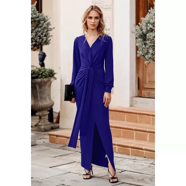 imagePRETTYGARDEN Womens Long Sleeve Maxi Bodycon Dresses V Neck Twist Front Ruched Cocktail Evening Dress with SlitDark Royal Blue