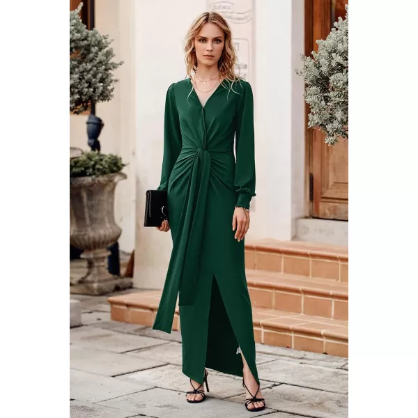 imagePRETTYGARDEN Womens Long Sleeve Maxi Bodycon Dresses V Neck Twist Front Ruched Cocktail Evening Dress with SlitGreen