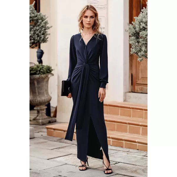 imagePRETTYGARDEN Womens Long Sleeve Maxi Bodycon Dresses V Neck Twist Front Ruched Cocktail Evening Dress with SlitNavy