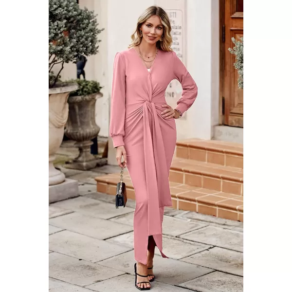 imagePRETTYGARDEN Womens Long Sleeve Maxi Bodycon Dresses V Neck Twist Front Ruched Cocktail Evening Dress with SlitPink