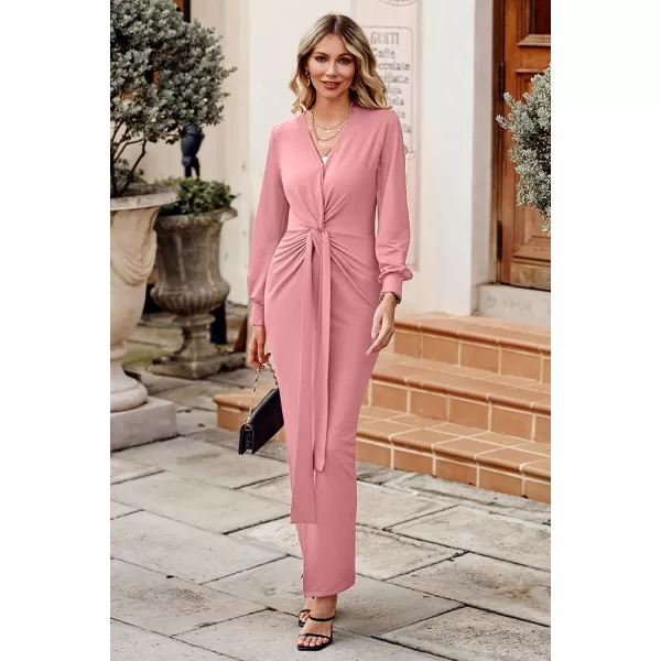 imagePRETTYGARDEN Womens Long Sleeve Maxi Bodycon Dresses V Neck Twist Front Ruched Cocktail Evening Dress with SlitPink