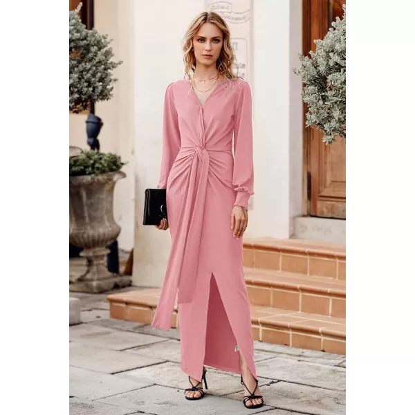 imagePRETTYGARDEN Womens Long Sleeve Maxi Bodycon Dresses V Neck Twist Front Ruched Cocktail Evening Dress with SlitPink