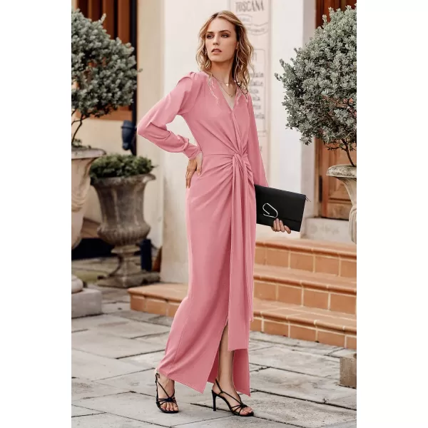 imagePRETTYGARDEN Womens Long Sleeve Maxi Bodycon Dresses V Neck Twist Front Ruched Cocktail Evening Dress with SlitPink