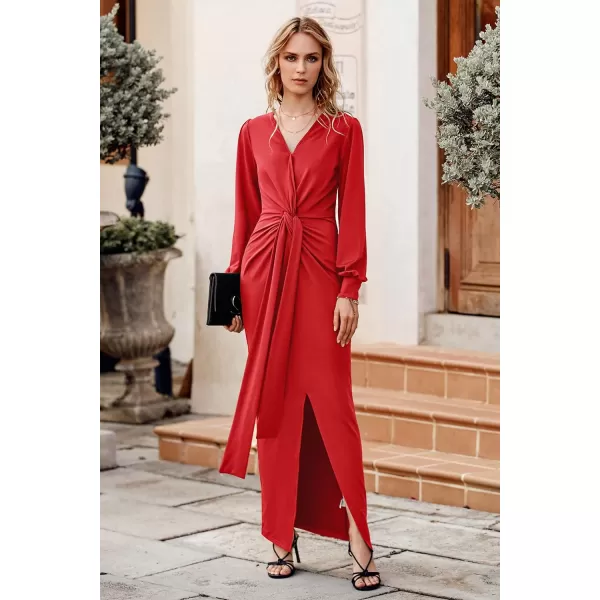 imagePRETTYGARDEN Womens Long Sleeve Maxi Bodycon Dresses V Neck Twist Front Ruched Cocktail Evening Dress with SlitRed