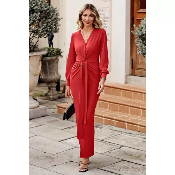 imagePRETTYGARDEN Womens Long Sleeve Maxi Bodycon Dresses V Neck Twist Front Ruched Cocktail Evening Dress with SlitRed