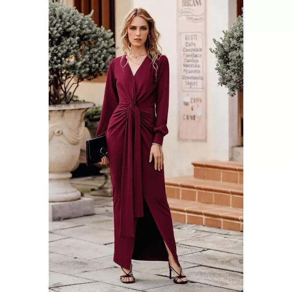 imagePRETTYGARDEN Womens Long Sleeve Maxi Bodycon Dresses V Neck Twist Front Ruched Cocktail Evening Dress with SlitWine Red