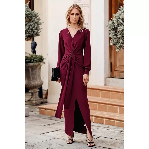 imagePRETTYGARDEN Womens Long Sleeve Maxi Bodycon Dresses V Neck Twist Front Ruched Cocktail Evening Dress with SlitWine Red