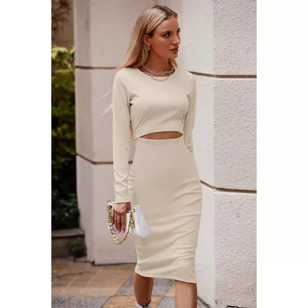 imagePRETTYGARDEN Womens Long Sleeve Midi Bodycon Dresses Casual Crewneck Cut Out Ribbed Knit Fitted Pencil DressApricot