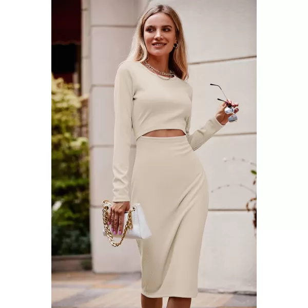 imagePRETTYGARDEN Womens Long Sleeve Midi Bodycon Dresses Casual Crewneck Cut Out Ribbed Knit Fitted Pencil DressApricot