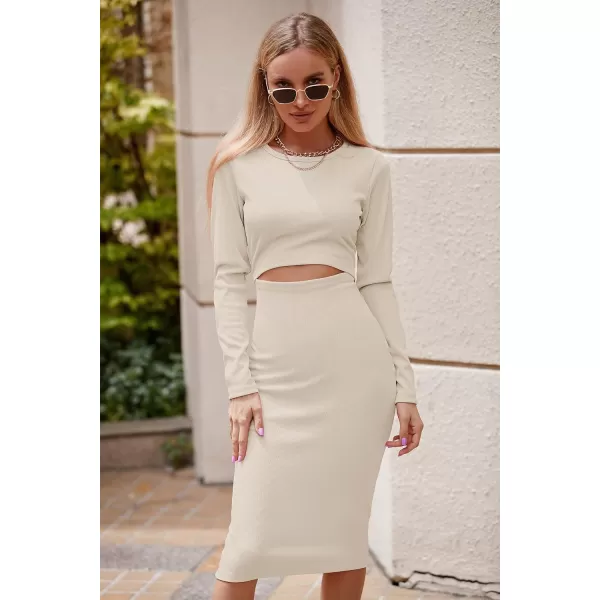 imagePRETTYGARDEN Womens Long Sleeve Midi Bodycon Dresses Casual Crewneck Cut Out Ribbed Knit Fitted Pencil DressApricot