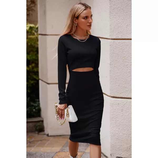 imagePRETTYGARDEN Womens Long Sleeve Midi Bodycon Dresses Casual Crewneck Cut Out Ribbed Knit Fitted Pencil DressBlack