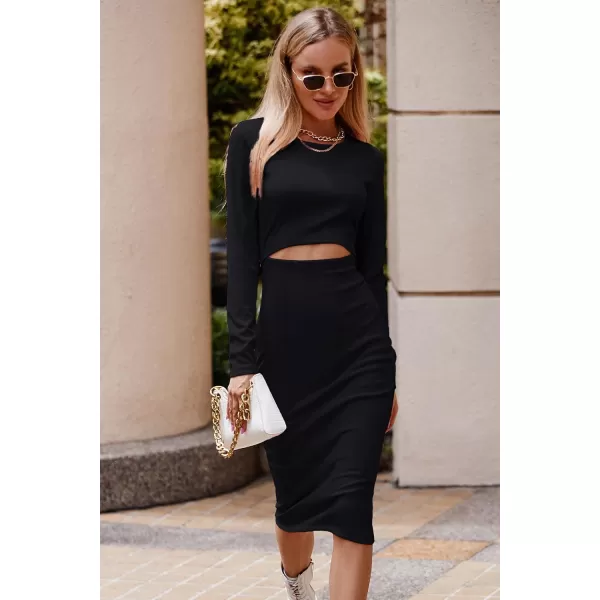 imagePRETTYGARDEN Womens Long Sleeve Midi Bodycon Dresses Casual Crewneck Cut Out Ribbed Knit Fitted Pencil DressBlack