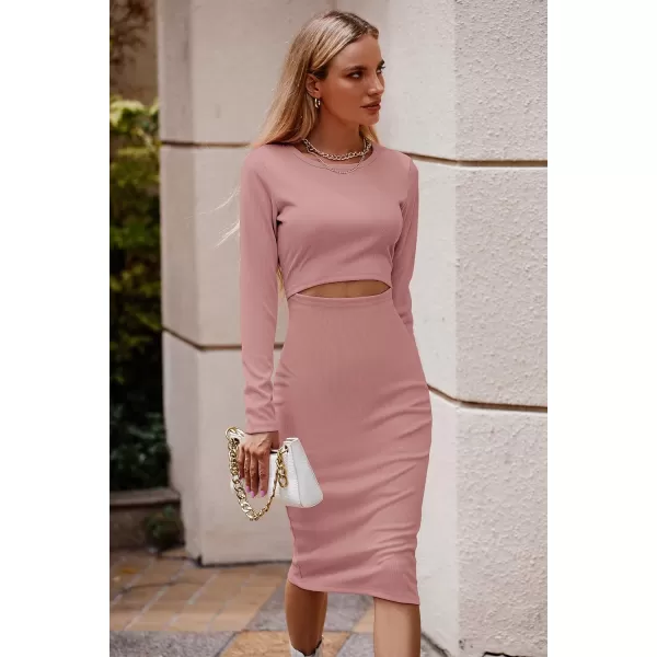 imagePRETTYGARDEN Womens Long Sleeve Midi Bodycon Dresses Casual Crewneck Cut Out Ribbed Knit Fitted Pencil DressDusty Pink