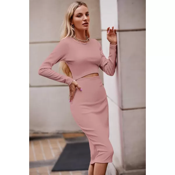 imagePRETTYGARDEN Womens Long Sleeve Midi Bodycon Dresses Casual Crewneck Cut Out Ribbed Knit Fitted Pencil DressDusty Pink