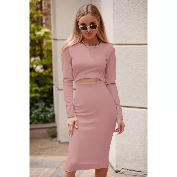imagePRETTYGARDEN Womens Long Sleeve Midi Bodycon Dresses Casual Crewneck Cut Out Ribbed Knit Fitted Pencil DressDusty Pink