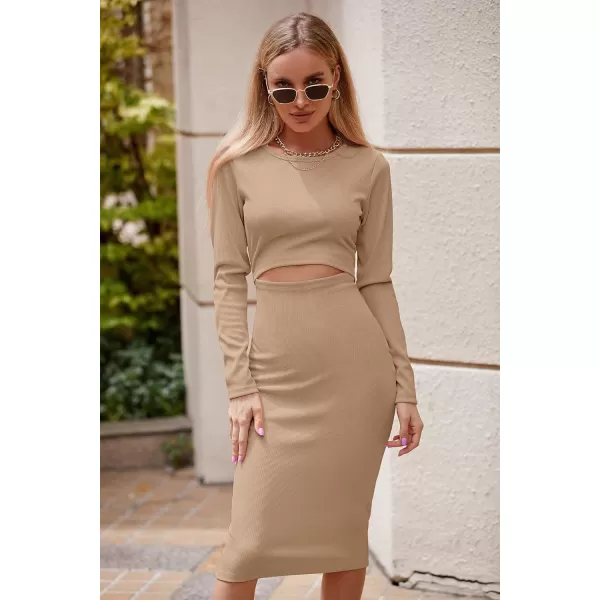 imagePRETTYGARDEN Womens Long Sleeve Midi Bodycon Dresses Casual Crewneck Cut Out Ribbed Knit Fitted Pencil DressKhaki