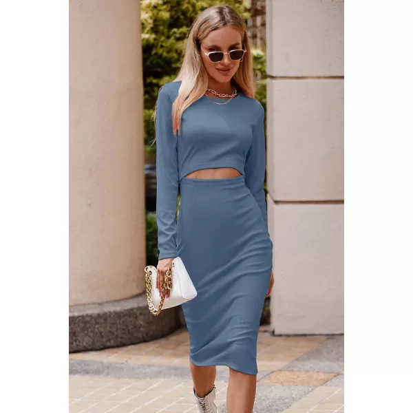 imagePRETTYGARDEN Womens Long Sleeve Midi Bodycon Dresses Casual Crewneck Cut Out Ribbed Knit Fitted Pencil DressLight Blue