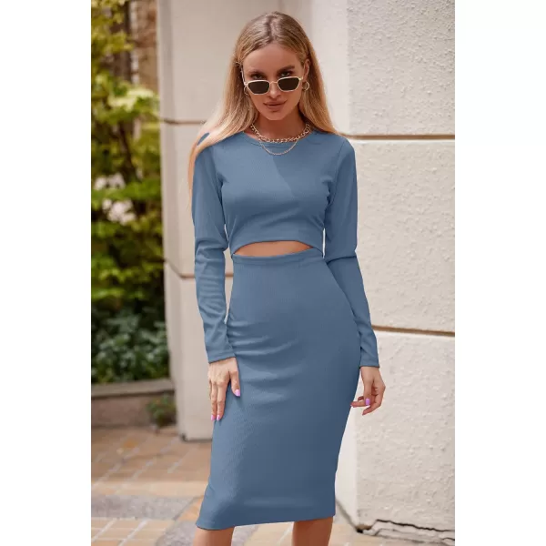 imagePRETTYGARDEN Womens Long Sleeve Midi Bodycon Dresses Casual Crewneck Cut Out Ribbed Knit Fitted Pencil DressLight Blue