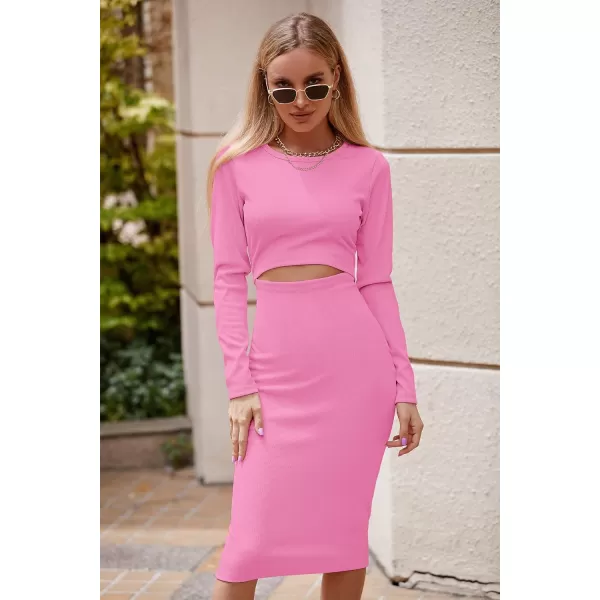 imagePRETTYGARDEN Womens Long Sleeve Midi Bodycon Dresses Casual Crewneck Cut Out Ribbed Knit Fitted Pencil DressPink