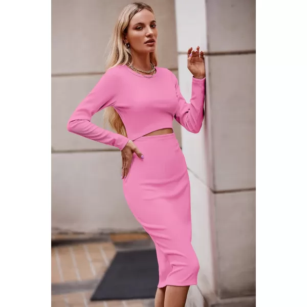 imagePRETTYGARDEN Womens Long Sleeve Midi Bodycon Dresses Casual Crewneck Cut Out Ribbed Knit Fitted Pencil DressPink