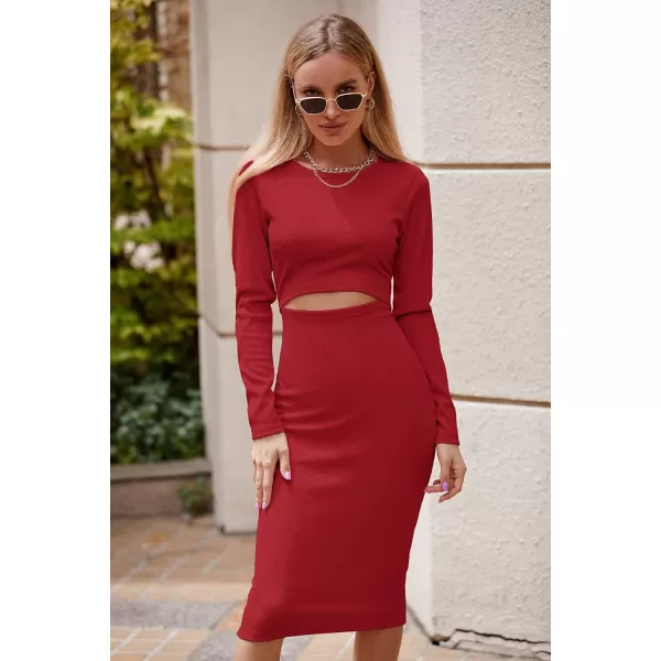 imagePRETTYGARDEN Womens Long Sleeve Midi Bodycon Dresses Casual Crewneck Cut Out Ribbed Knit Fitted Pencil DressRed