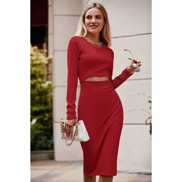 imagePRETTYGARDEN Womens Long Sleeve Midi Bodycon Dresses Casual Crewneck Cut Out Ribbed Knit Fitted Pencil DressRed